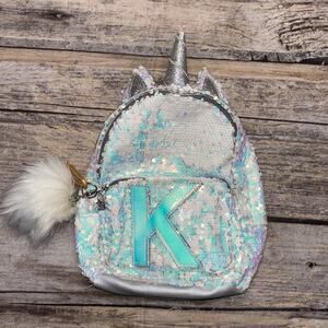 Justice Sequin Mini Backpack Bag Letter "K" White Silver Unicorn